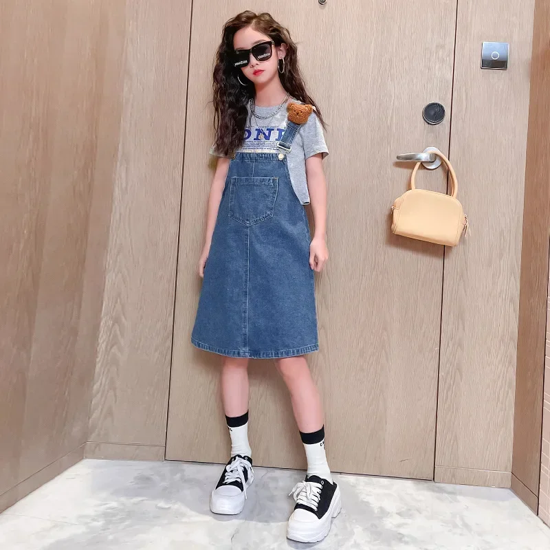 Teen Girls Clothes Suit Kids Jumpsuit Summer Children's Short Sleeved Letter T-shirt + Bear cowboy overalls 2Pcs Set 5 -14Year