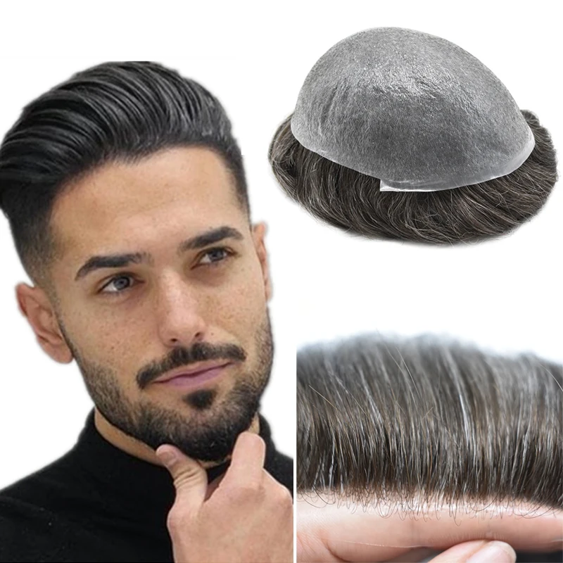 Thin Skin Men's Hairpiece Vloop Full PU 0.06-0.08mm Men Toupee Real Human Hair Wigs Natural Men's Capillary Prosthesis Hairline