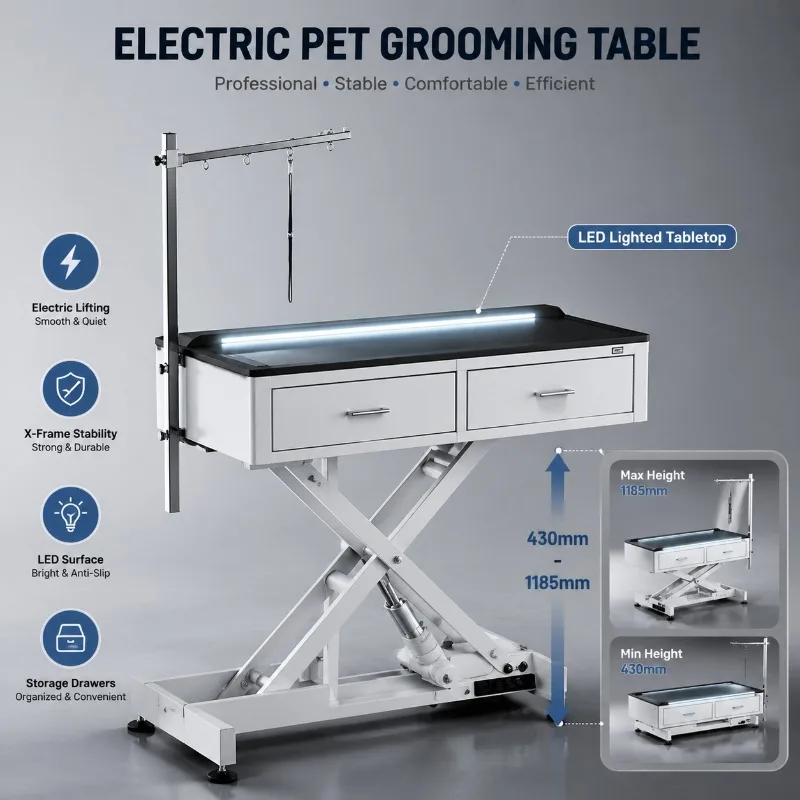 Electric Dog Grooming Station Stainless Steel Grooming Table with Charge Adjustable Height for Salon