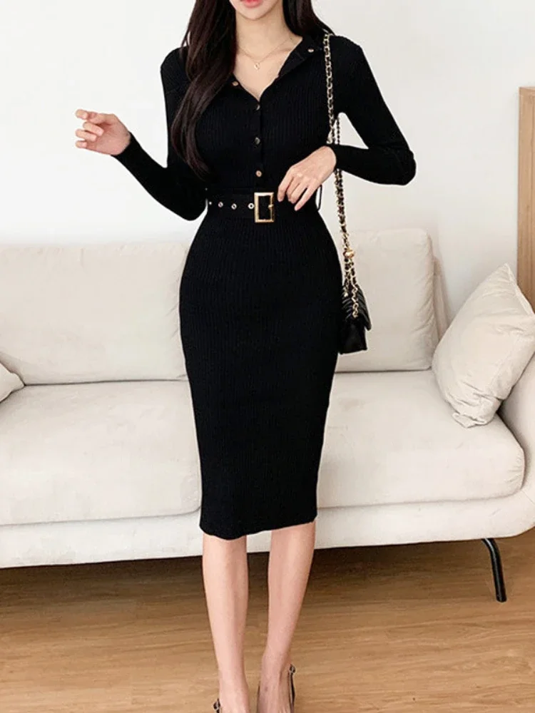 Elegant Sexy Single Breasted Stand Collar Long Sleeve Bodycon Dress Solid Color Stretch Knit Tight Slim Autumn Winter Dresses