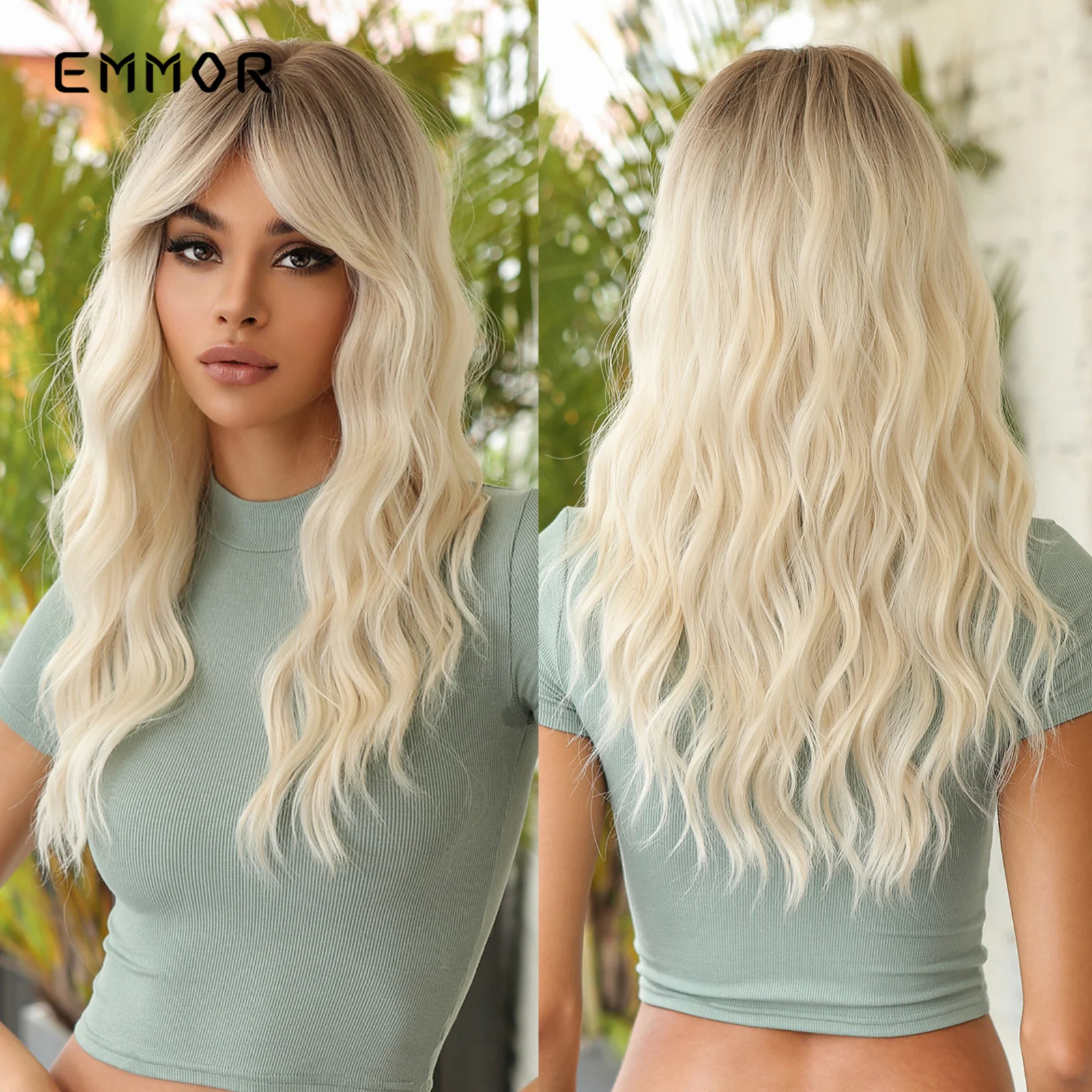 Emmor Long Natural Wavy Wigs with Bangs Ombre Brown to Platinum Blonde Synthetic Wigs For Women Daily Heat Resistant Fake Hair