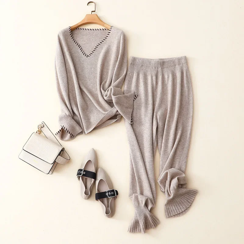 

aliaga autumn winter patchwork V-neck 100% cashmere harem pants women's fashion suit women's cozy two-piece sweater