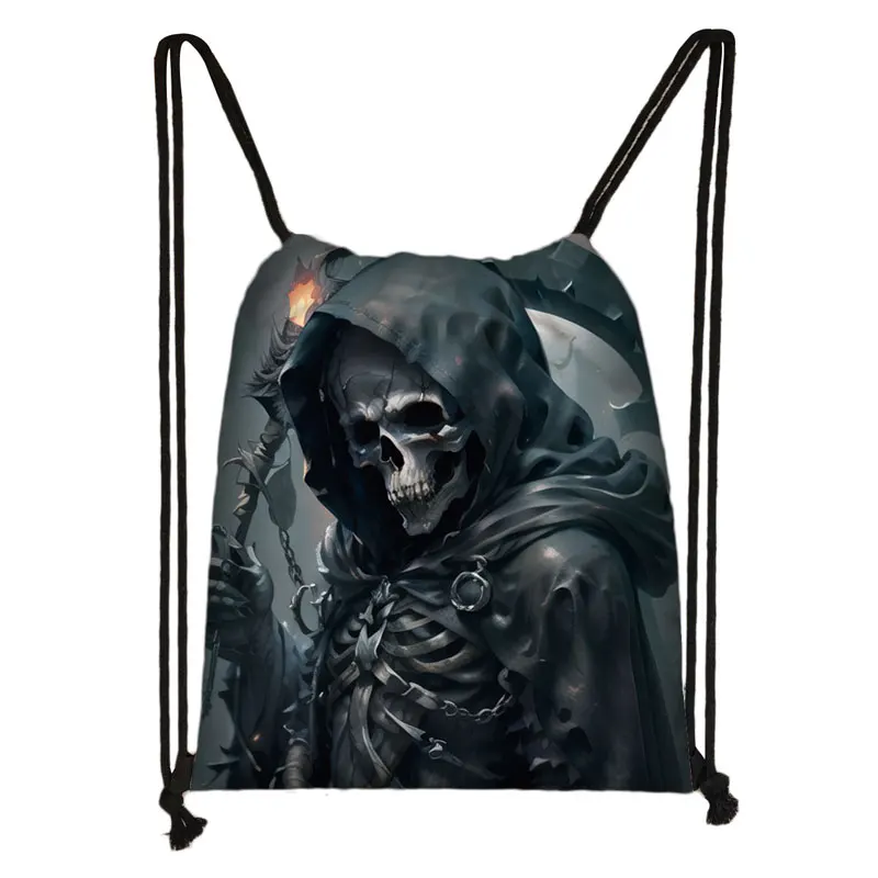 Cool Death Skull Backpack Women Men Travel Bag Grim Reaper Drawstring Bag Boys Girls Bookbag Canvas Storage Bags Shoes Holder