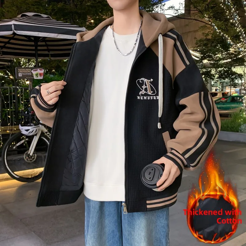 

Thiened Cotton Jaet Men's Autumn Winter Hooded Orlon Fce Large Size Warmth Youth Student Casual Sle Zipper Closure