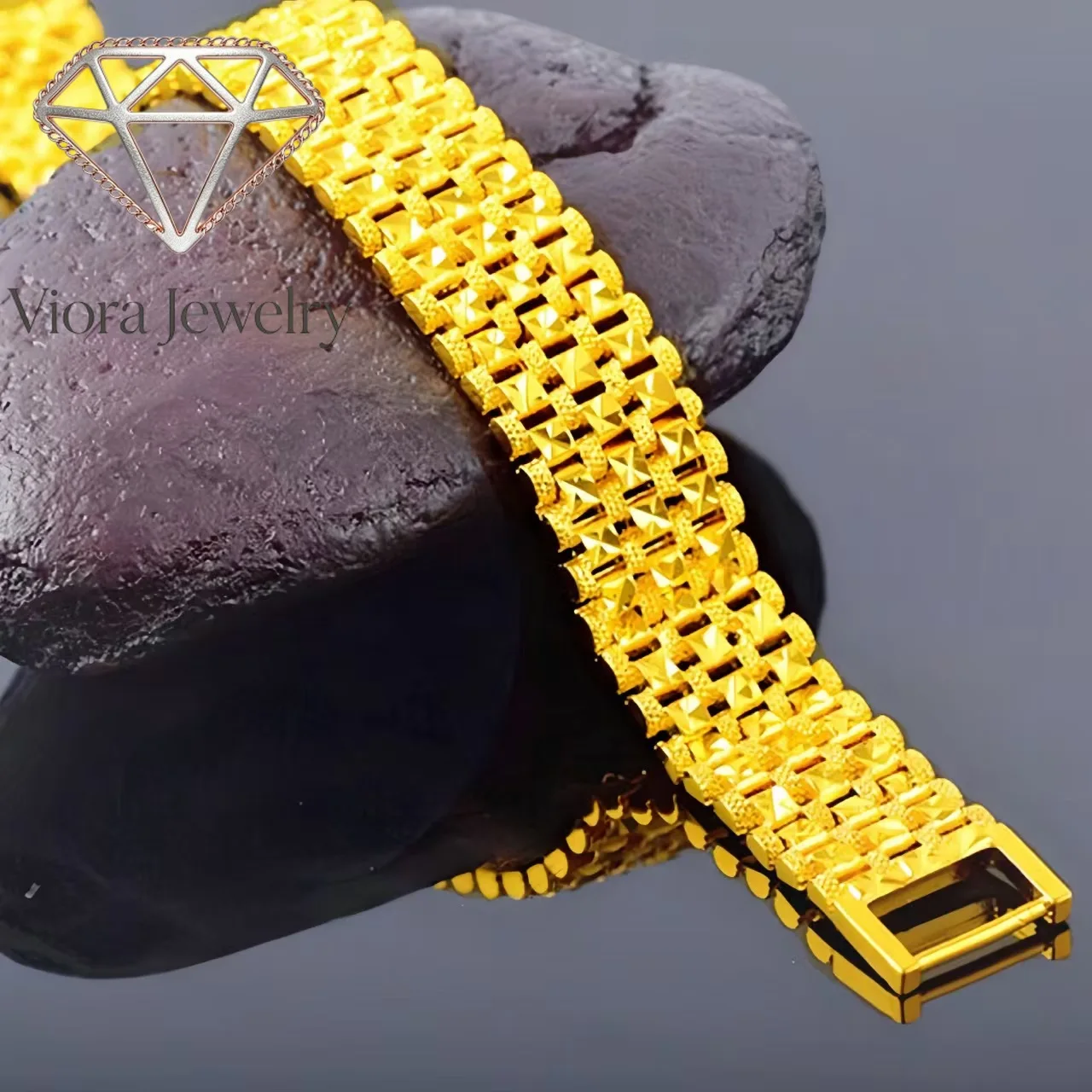 Viora Jewelry Luxury 24K 9999 Pure Gold real gold Three-row watch chain men's fashion generous bracelet