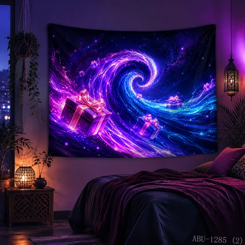 VIKAMA Purple Blue Star River Fluid Vortex Neon Gift Box Starry Sky Christmas Tapestry HD Background Wall Room Decoration