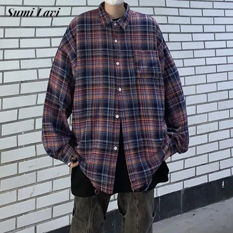 

Casual Shirts Mens Oversize Turn-down Collar Button Shirt Streetwear 2024 Spring New Men Fashion Long Sleeve Plaid Print Shirts