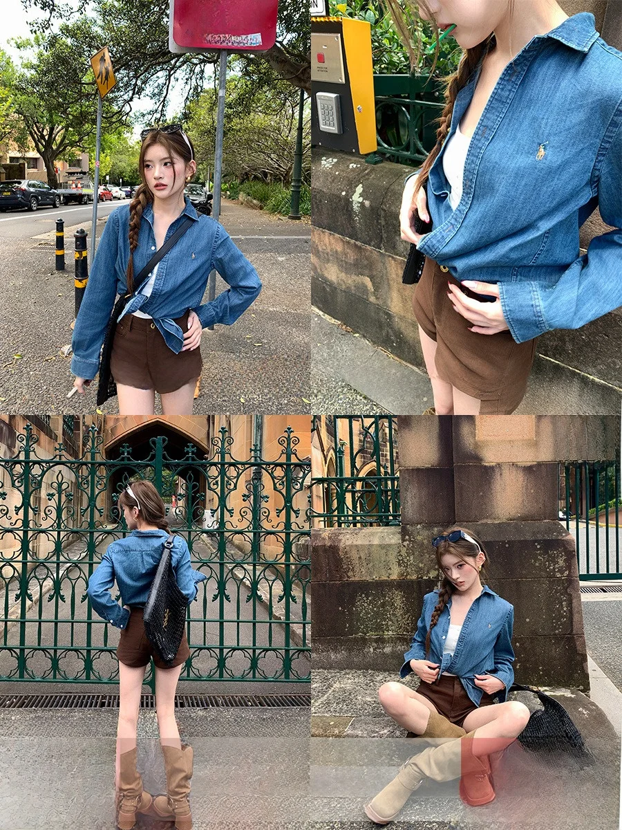 

Свободный крой Long Sve Denim irt Jaet Женский ранний осенний синий тонкий хлопковый топ Earth Store Old Money Feng ui