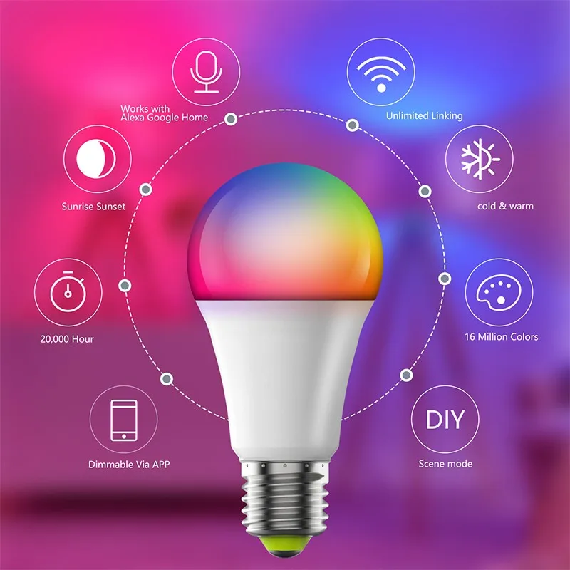 ZAOXI 15W E26 inteligentne WiFi pilot Bluetooth żarówka RGB asystent Google Alexa Home możliwość przyciemniania 2700K ~ 6500K żarówki LED