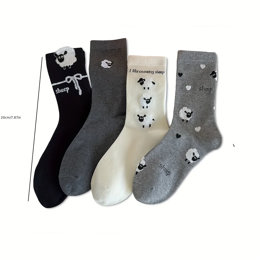 4 قطع من جوارب الأغنام النسائية - جوارب كاجوال رمادية ناعمة، تصميم حيوان لطيف، مريح لجميع المواسم