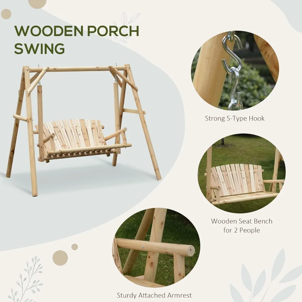 2-Seat Outdoor Swings with Stand, Wooden Patio Swing Chair Bench, for Garden, Poolside, Backyard, Outdoor Swings