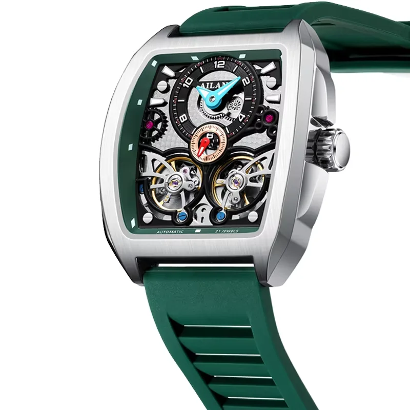 2026 AILANG New Mechanical Tonneau Watch Men Top Luxury Double Flying Wheel Watch Sapphire Glass Waterproof Watch Silicone