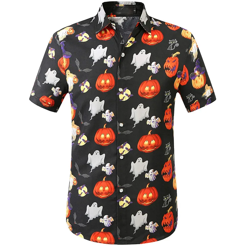 3D Print Mens Halloween Pumpkin Shirts Short Sleeve Causal Button Down Hawaii Beach Shirts Mens Plus Size Blouse T Shirt Clothes