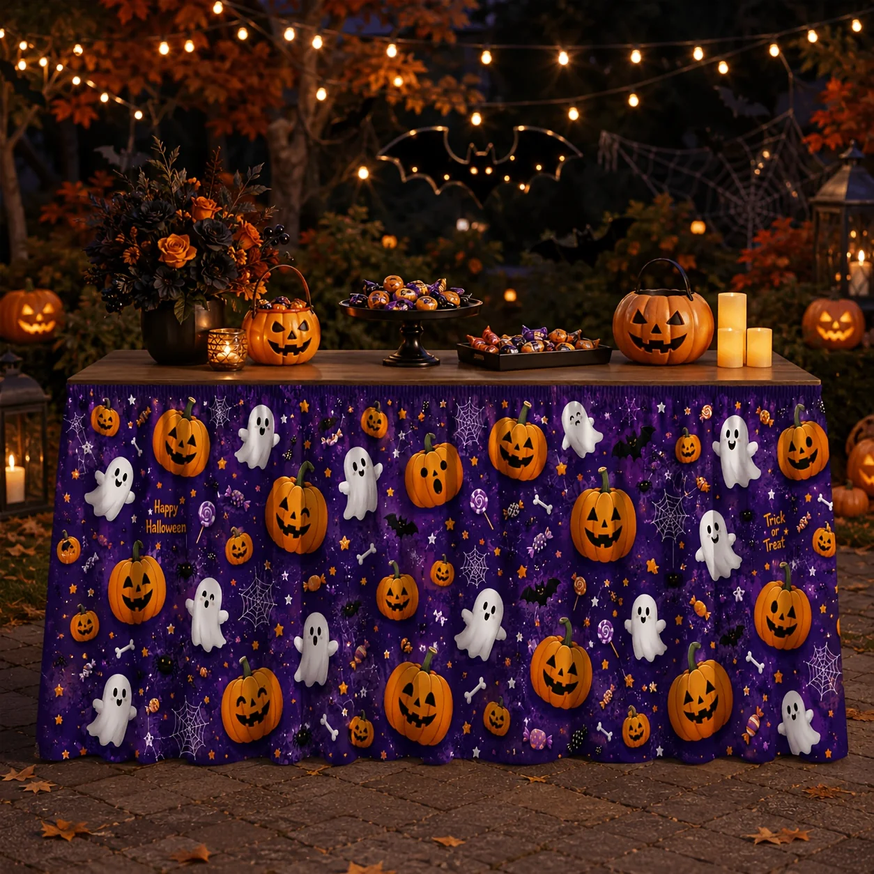 One-piece tablecloth and table runner with seamless pattern for Halloween, featuring Jack O' Lanterns.zyc