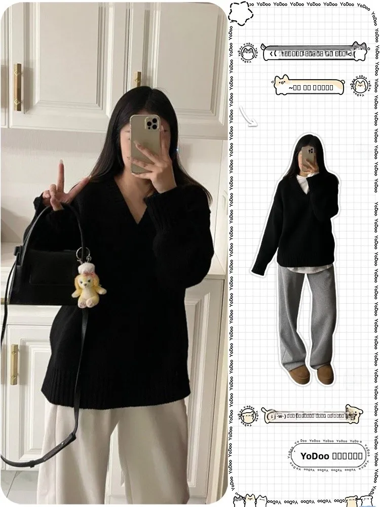 Bla V-Ne محبوك سترة المرأة الخريف الشتاء Thiened فضفاضة تناسب كسول خمر فضفاض الشعور الدافئة تريكو