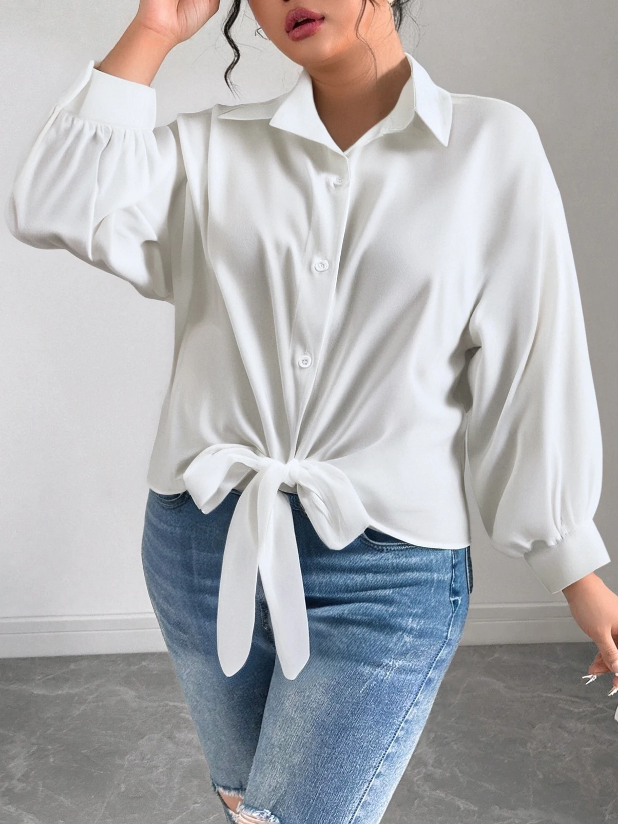 

Large Size Ladies Pure Color Shirt with Butterfly Knot Collar Simple Daily Match Sunscreen Long Sleeve Shirt