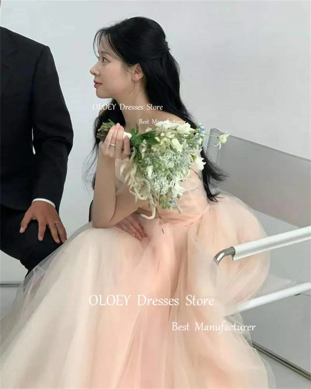 OLOEY Simple Off Shoulder Prom Dress Korea Photoshoot Customized Soft Tulle Pink Wedding Party Dress Performance Dress