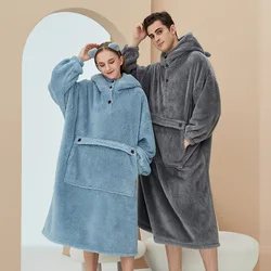 Unisex Robes Men Winter Dressing Gown Winter Warm Fleece Robe Pullover Hooded Women Winter Dressing Gown Robes Soft Bathrobe