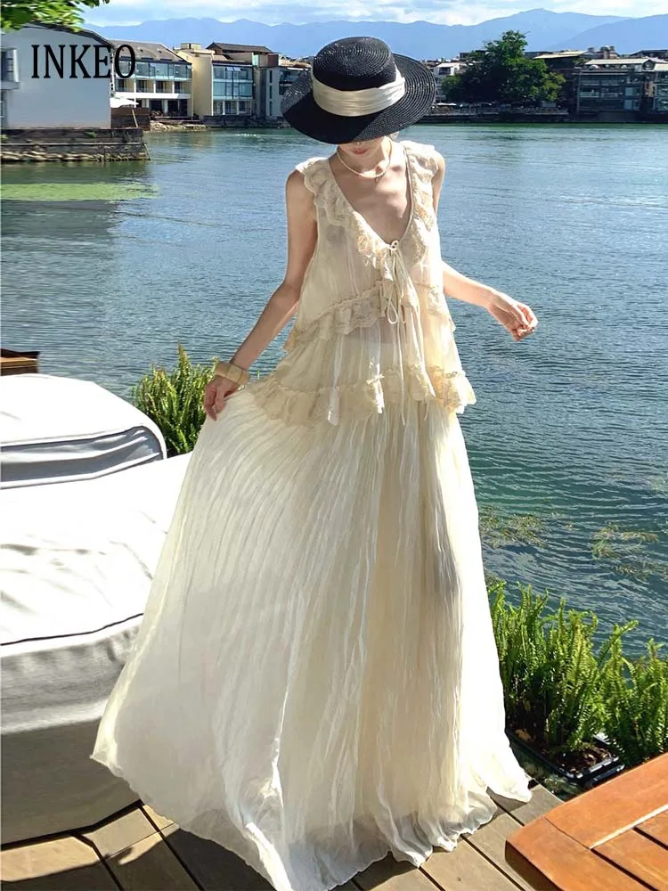 

Fashion sexy 2 Piece set for women 2026 Trend V-neck sleeveless tops Lace patchwork shirt and long skirt Beige Beach INKEO 6D098