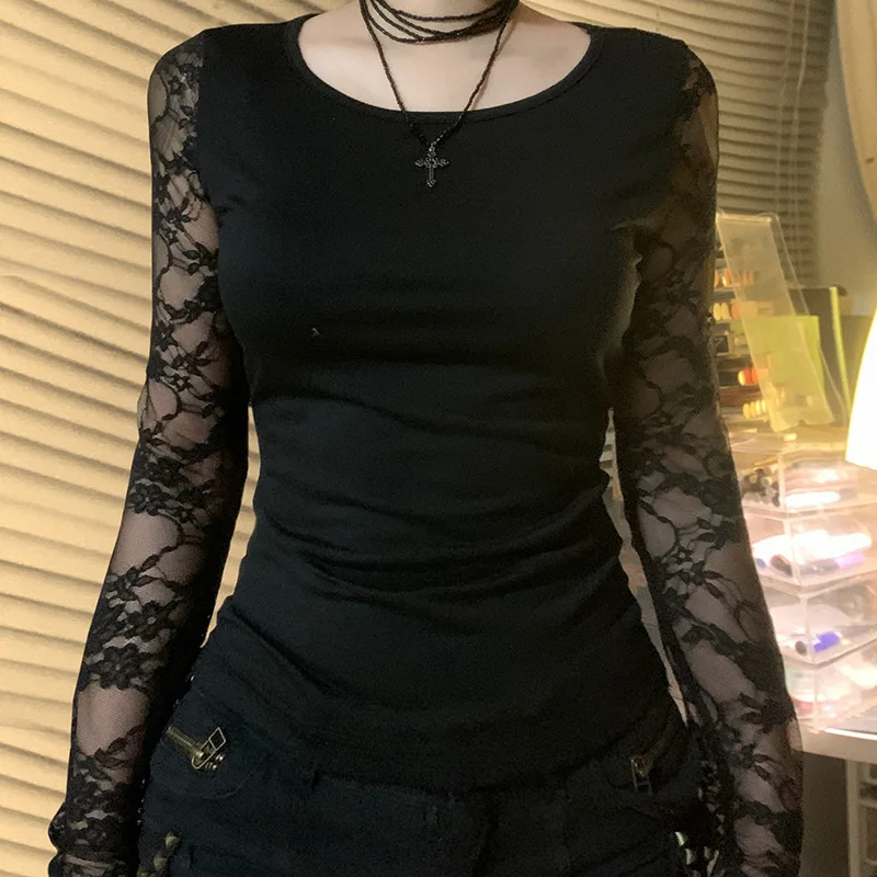 

2025 New Vintage Dark Mall Gothic Solid Lace Patchwork Long Sleeve T-shirts Y2K O-neck Sheer Back Slim Women Techwear Basic Tops