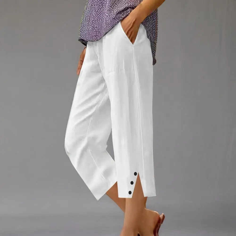 Женские укороченные брюки с эластичной резинкой на талии, широкие пляжные брюки с карманами, однотонные повседневные брюки свободного покроя