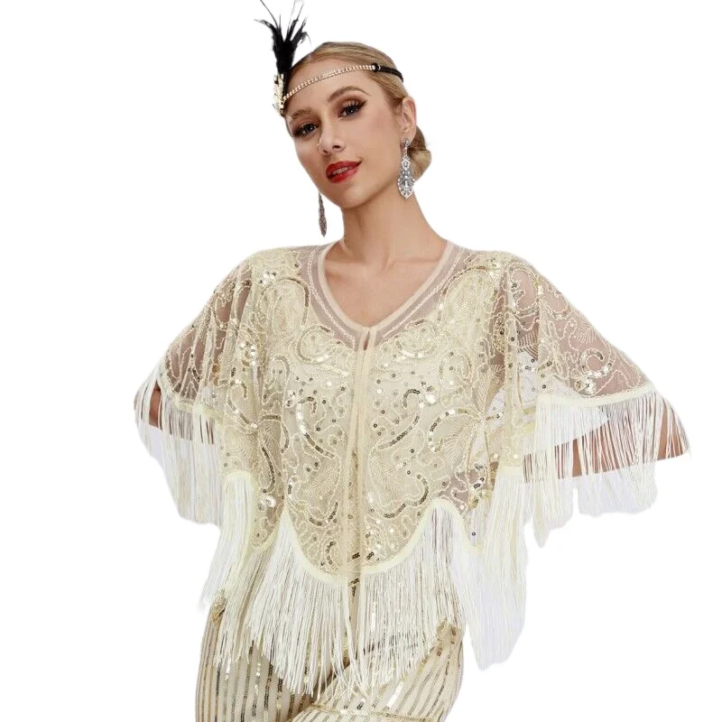 

New 1920s Vintage Dress Beaded Sequin 30S Flapper Retro Gatsby Ball Party Tassel Sequin Beaded Evening Dress Short Small Shawl