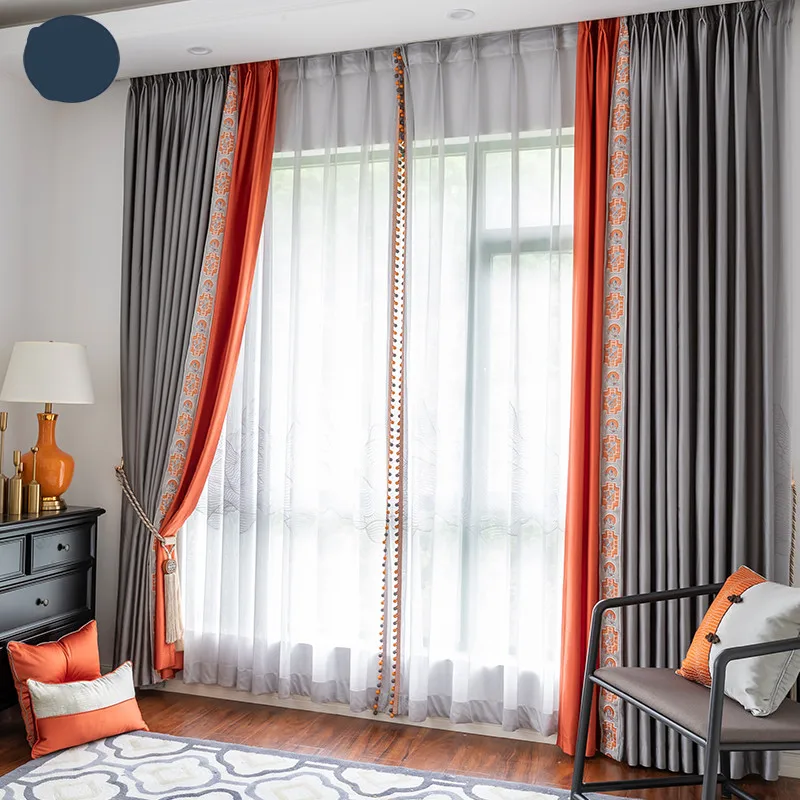 European modern classical jacquard orange grey lace embroidered curtain M1307