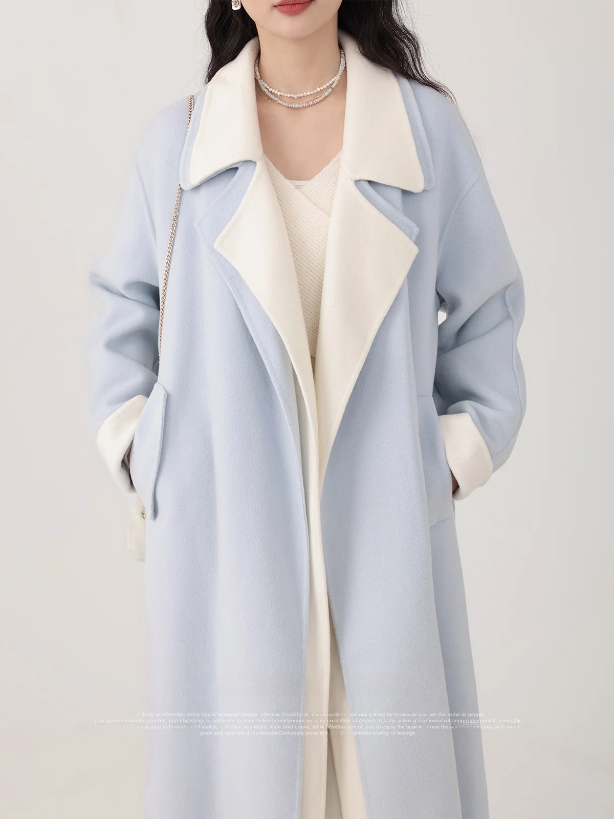 

South Deer Qingxue Woolen Double-Faced Camere Coat Women's Light Blue Autumn Winter Straight Cut Long Sve Faion Outerwear