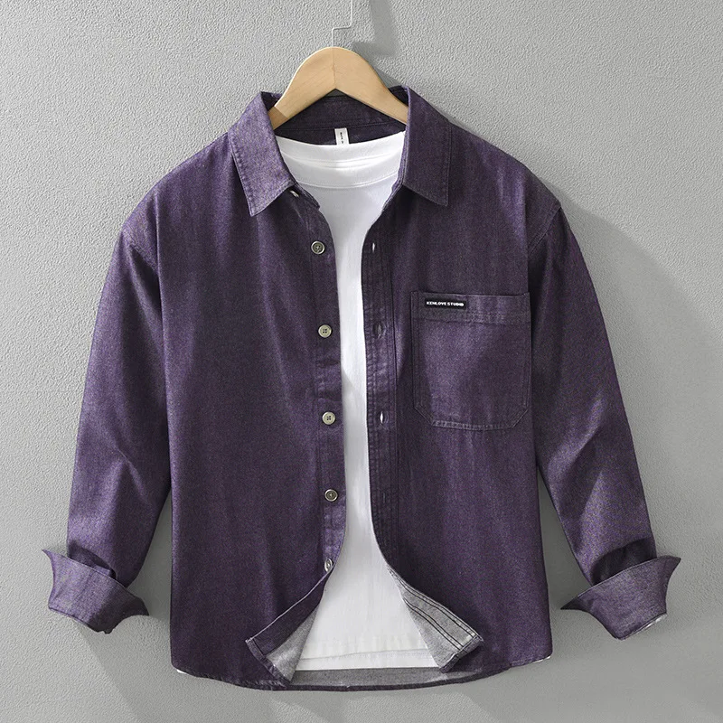 

Japanese Style Denim Shirt Men Spring Fall Streetwear Retro Cowboy Tops Pocket Pure Cotton Purple Jean Shirts Male Loose Shirt