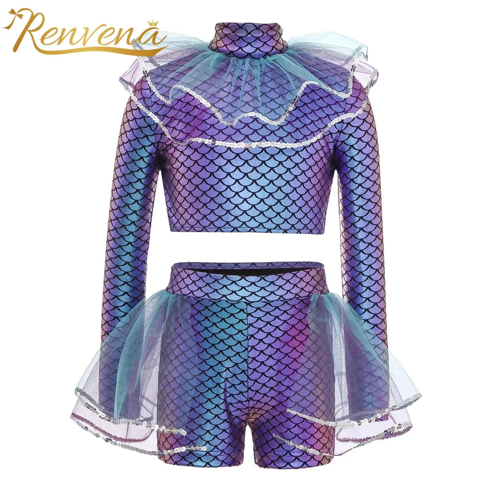 Girls Party Costume Outfit Children School Performance Mermaid Cosplay Costume Fish Scales Print Mesh Sequins Crop Top + Shorts