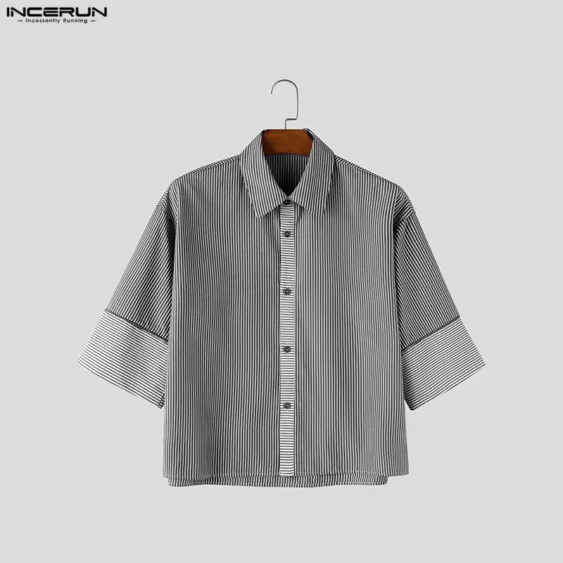 INCERUN Men's Shirt Striped Patchwork Lapel Half Sleeve Loose Men Clothes Summer Streetwear 2026 Fashion Crop Tops For Man S-5XL