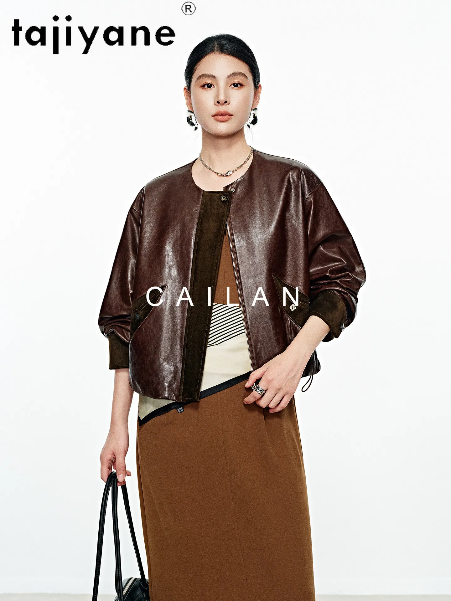 TAJIYANE 100% Oil-Wax Sheepskin Genuine Leather Jacket Women Retro Coffee Short Coats O-Neck Jackets 2026 Woman Clothes дубленка