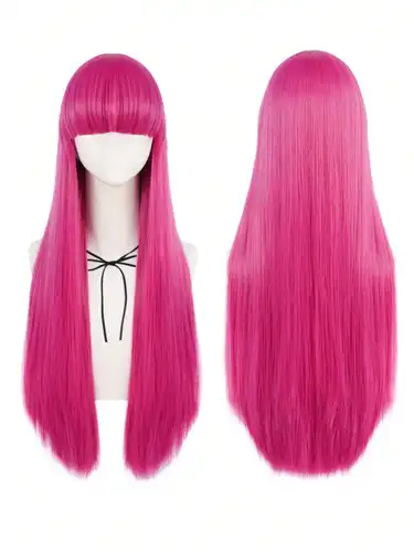 Peluca de Cosplay de princesa recta rosa fuerte de 30 pulgadas con flequillo para mujeres pelucas de pelo sintético resistentes al calor para Halloween