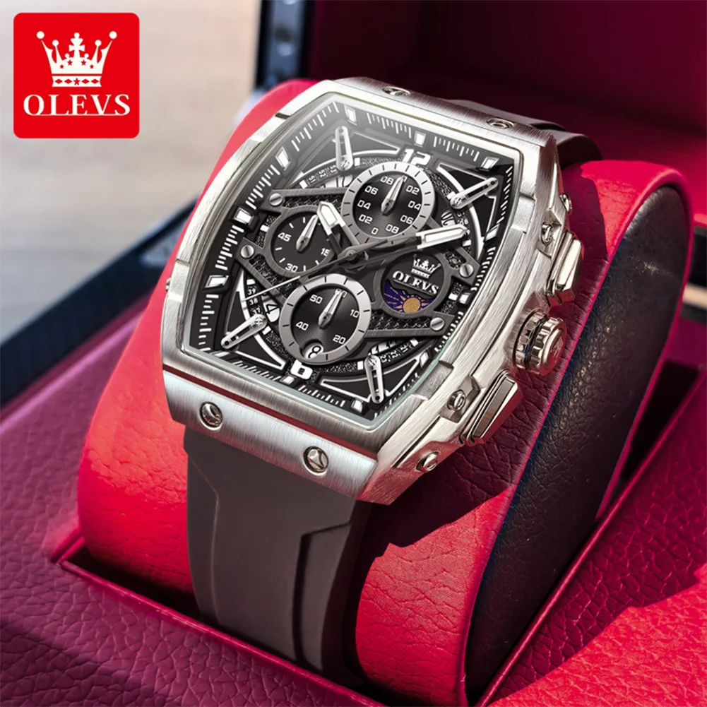 

OLEVS Watches Man 2975 Multifunctional Tonneau Sport Quartz Watch Moon Phase Waterproof LuminousDate Watches For Men Box