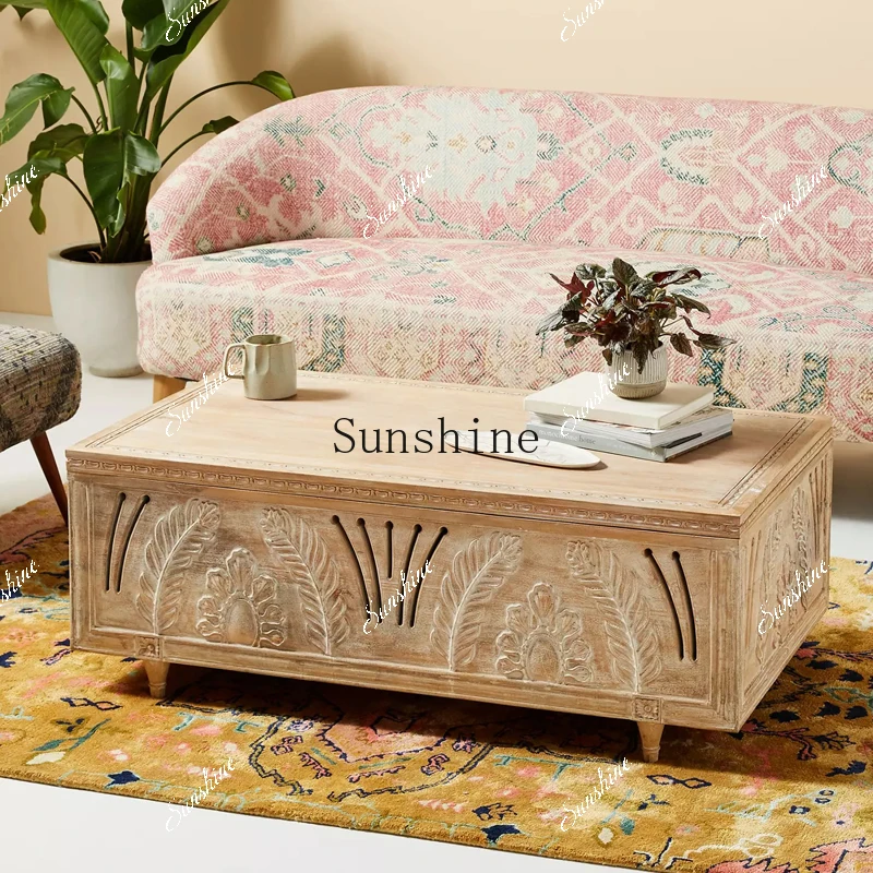 

French full solid wood carving flower coffee table retro homestay tea table log antique FT