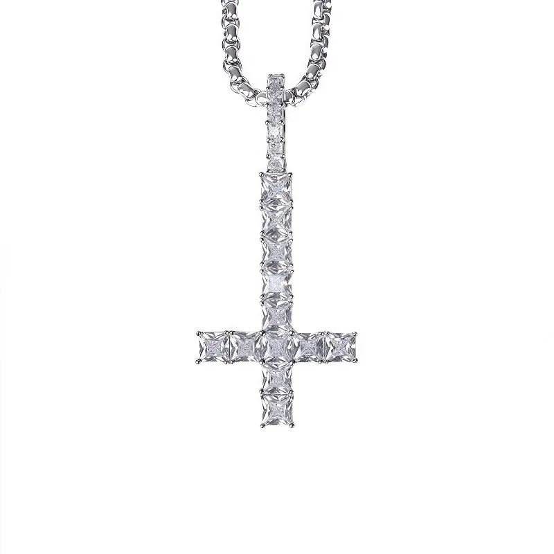 Iced Out Inverted Cross Pendant Necklace Pearl Beaded Chain Rope Chain Cut Rhinestone Reverse Cross Charm Hip Hop Gothic Jewelry