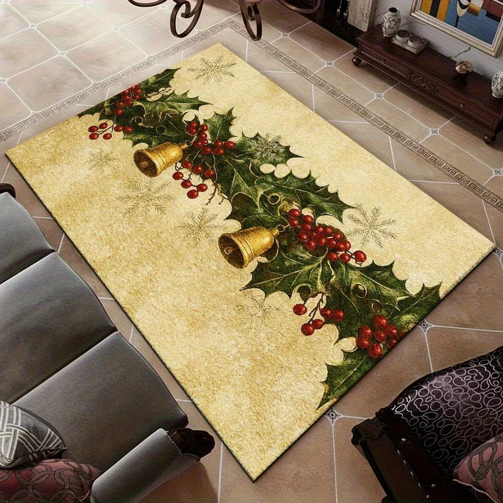 1pc Vintage Golden Christmas Bell & Holly Pattern Rug, Festive Soft Machine Washable Mat, Multiple Sizes, for Living Room
