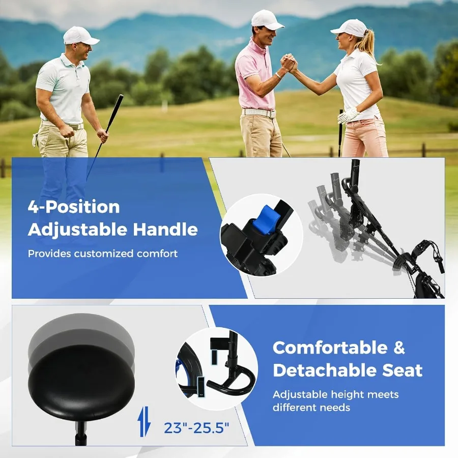 ULTIMATE 3 عجلة جولف دفع سحب عربة طوي خفيفة الوزن حقيبة جولف عربة ث/مقعد قابل للتعديل ومقبض حامل بطاقة النتائج مظلة
