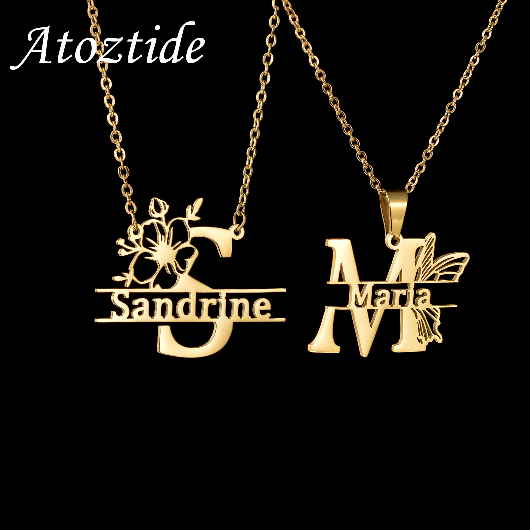 Atoztide Customized Name Butterfly Flower Necklace Pendant Gold Color Stainless Steel Chain Jewelry for Women Birthday Gifts