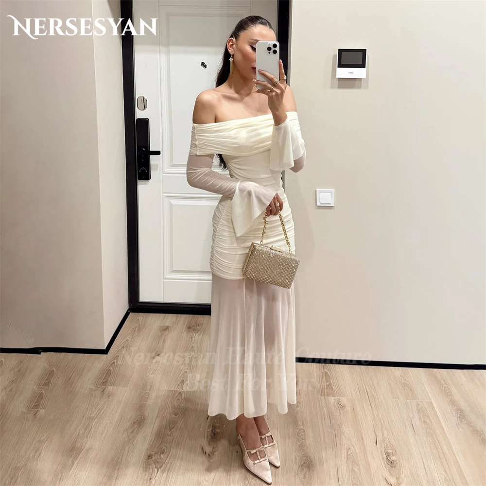 

Nersesyan Elegant Mermaid Evening Dresses Off Shoulder Pleated Flare Sleeves Formal Dress Ankle Length Party Gowns Customized