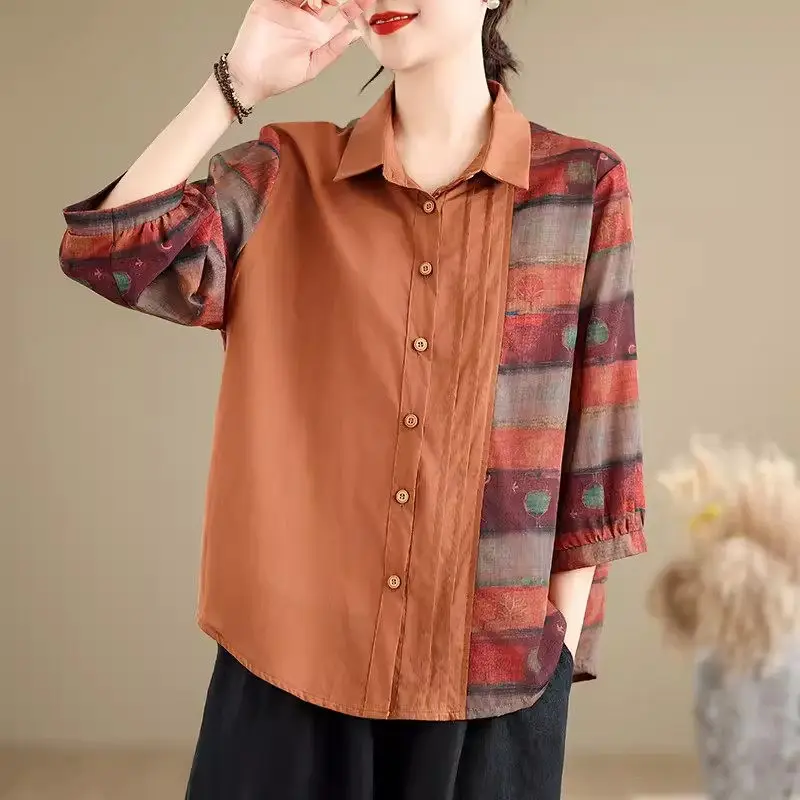 Large Size Women's Retro Cotton And Linen Printed Seven Quarter Sleeved Shirt Summer 2024 Casual Loose Top K1937