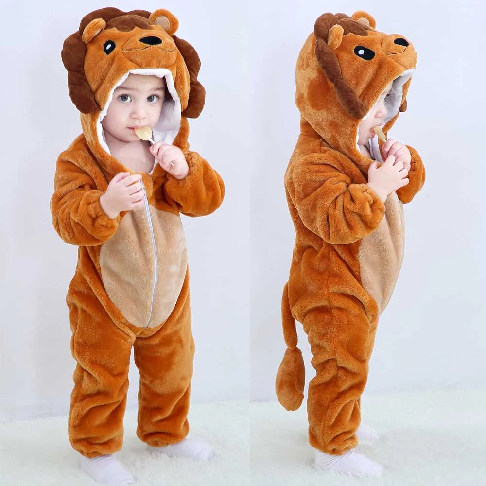 Baby Kigurumis Pajama Toddler Winter Cartoon Jumpsuit Boys Girls Plush Flannel Overalls Kids Bear Lion Penguin Dino Costumes