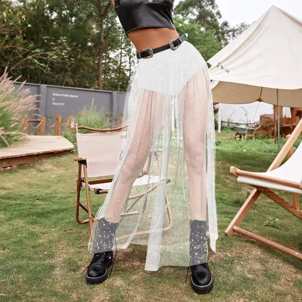 

Sexy See-Through Pleated Skirt for Women Lace Hip Mesh Waist European American Style Nightclub Fashion