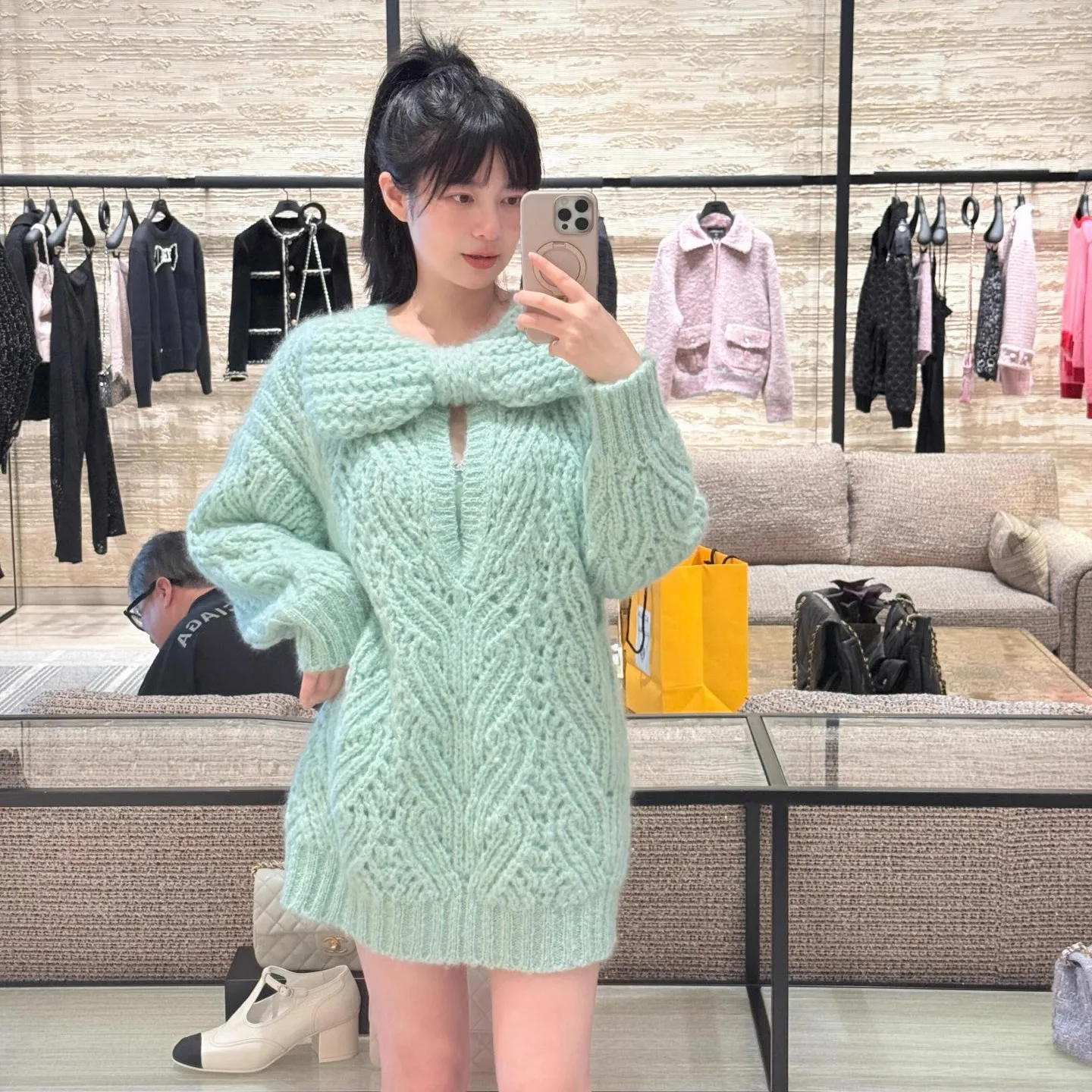 

2025 Autumn/Winter New Large Bow Hollow Long Sleeve Knitted Skirt Long Knitted Shirt for Women