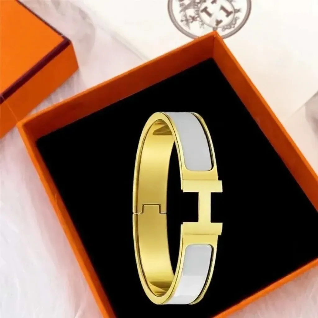 

Bangle Bracelet 12MM Wide Enamel Inlay 18K Gold Plated Stainless Steel Designer Couple Jewelry Size 17 19