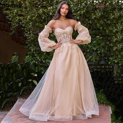 Bafftafe Shiny Appliques Lace Prom Dresses Puff Long Sleeves Formal Occasion Party Evening Dress Customized Women Pageant Gowns