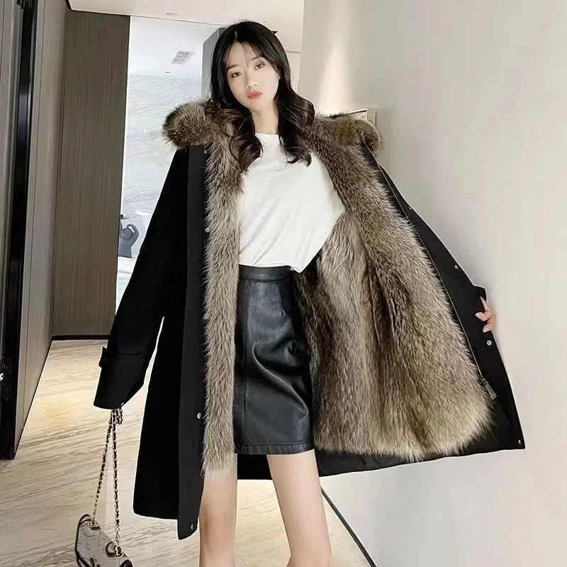 The 2022 Special Winter New Baotu Pai Overcome the Mid-long Removable Raccoon Fur Inner Belly Thick Imitation Fur Coat Female X1