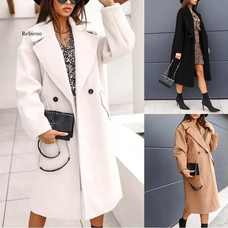

2021 Autumn Winter Fashion Solid Long Coats Women Casual Vintage Double-breasted Suit Collar Long Woolen Pockets Overcoats Coat