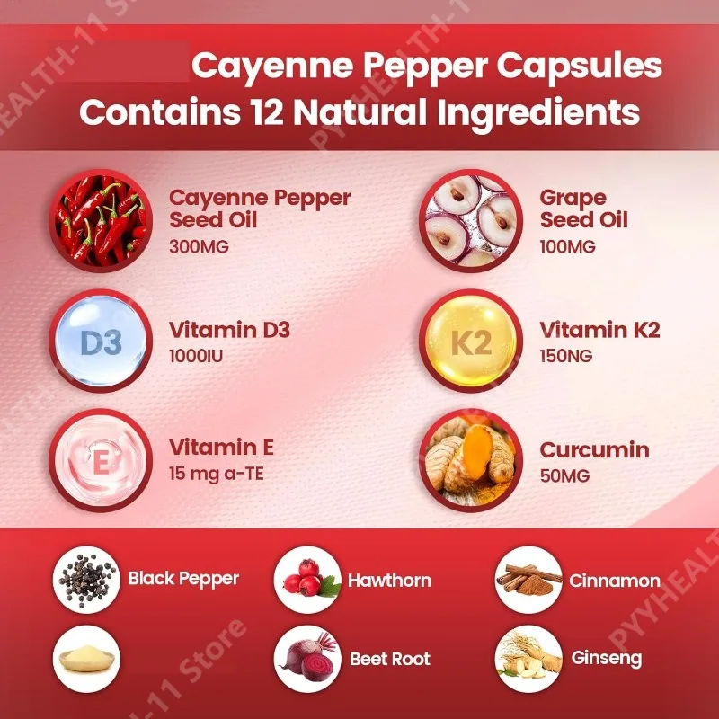 Cayenne Pepper Softgels Supplement with Grape Seed Beetroot Turmeric Vitamins D3 K2 Herbal Supports Leg Vein Blood Vessel Health