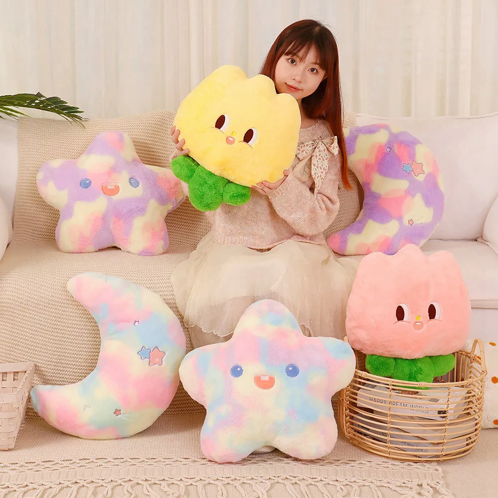 

Rainbow Color Star Moon Plush Pillow Stuffed Fluffy Decor Plushie Pink Yellow Tulip Cushion for Sofa Chair Bed Cot Gift